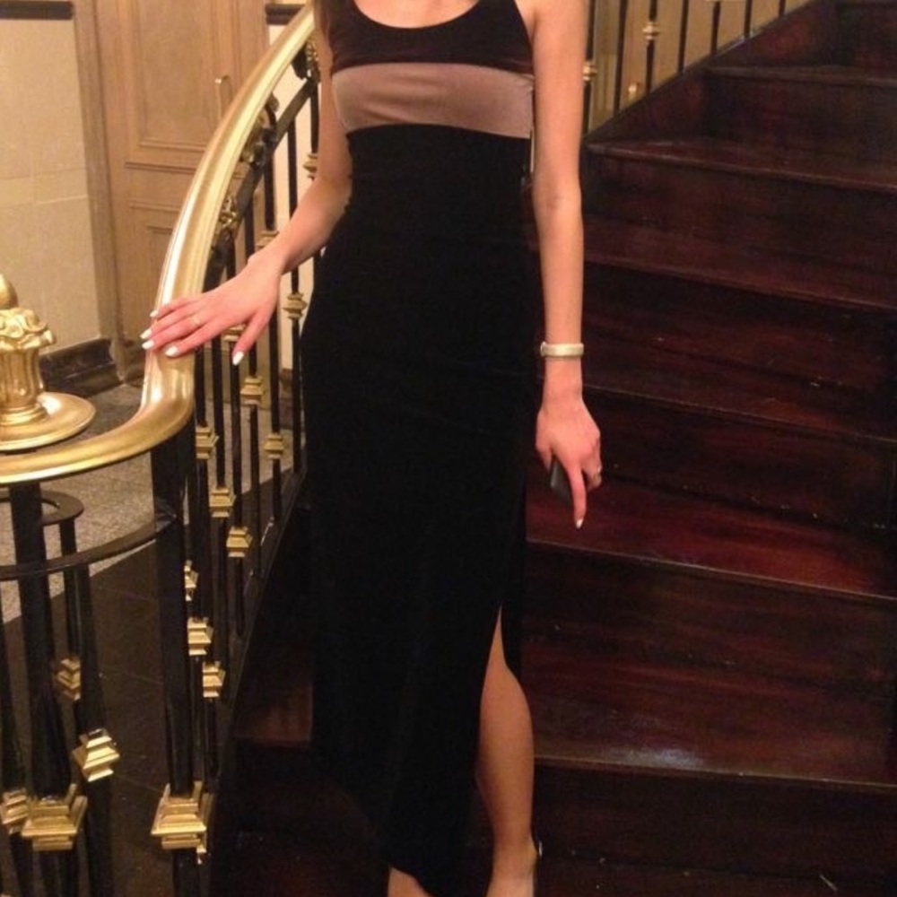 Long slit velour dress brown, black & beige
